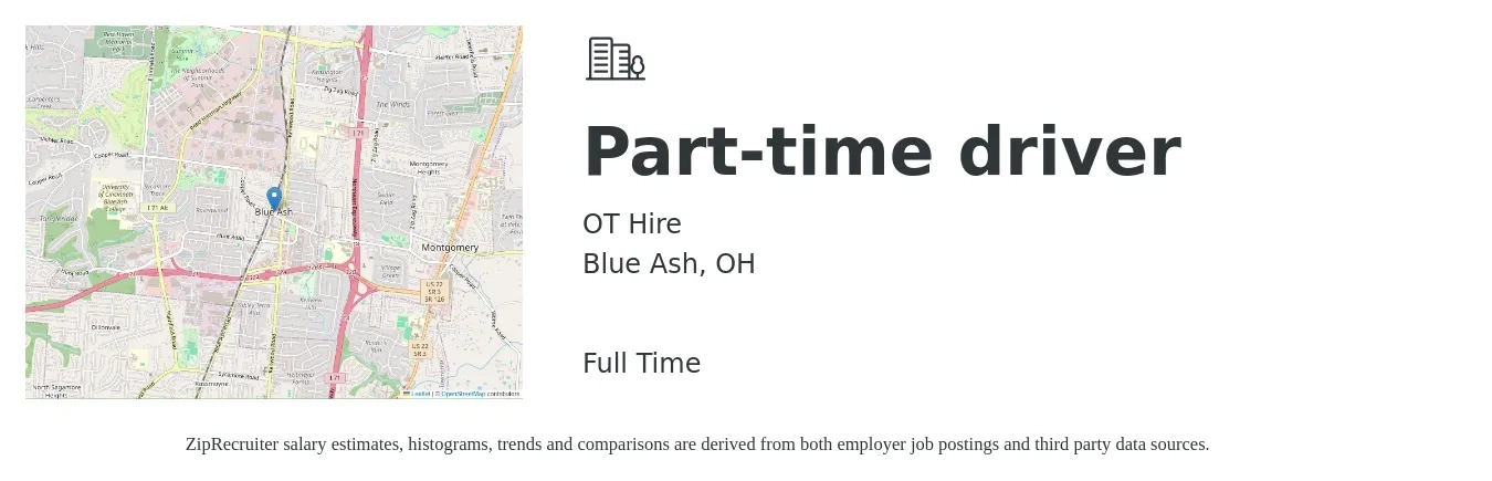 OT Hire job posting for a Part-time driver in Blue Ash, OH with a salary of $14 to $19 Hourly with a map of Blue Ash location.