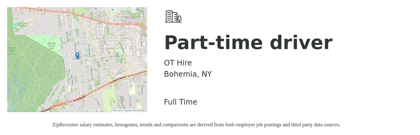 OT Hire job posting for a Part-time driver in Bohemia, NY with a salary of $16 to $22 Hourly with a map of Bohemia location.