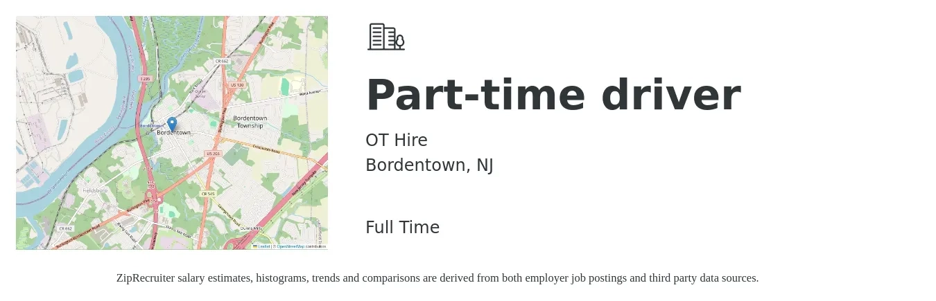 OT Hire job posting for a Part-time driver in Bordentown, NJ with a salary of $15 to $21 Hourly with a map of Bordentown location.