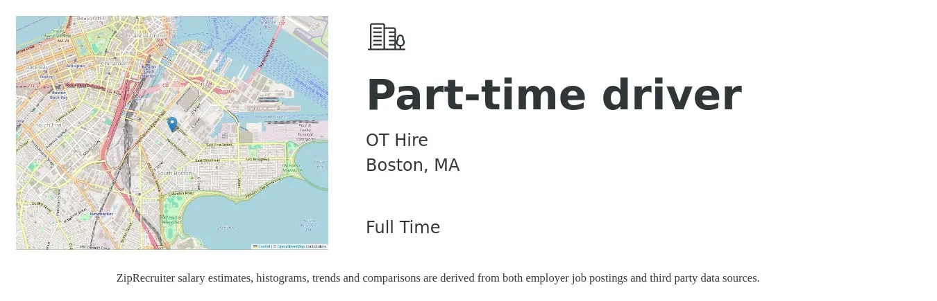 OT Hire job posting for a Part-time driver in Boston, MA with a salary of $16 to $23 Hourly with a map of Boston location.
