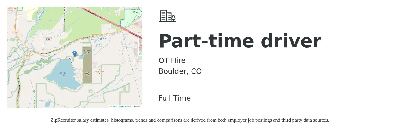 OT Hire job posting for a Part-time driver in Boulder, CO with a salary of $16 to $22 Hourly with a map of Boulder location.