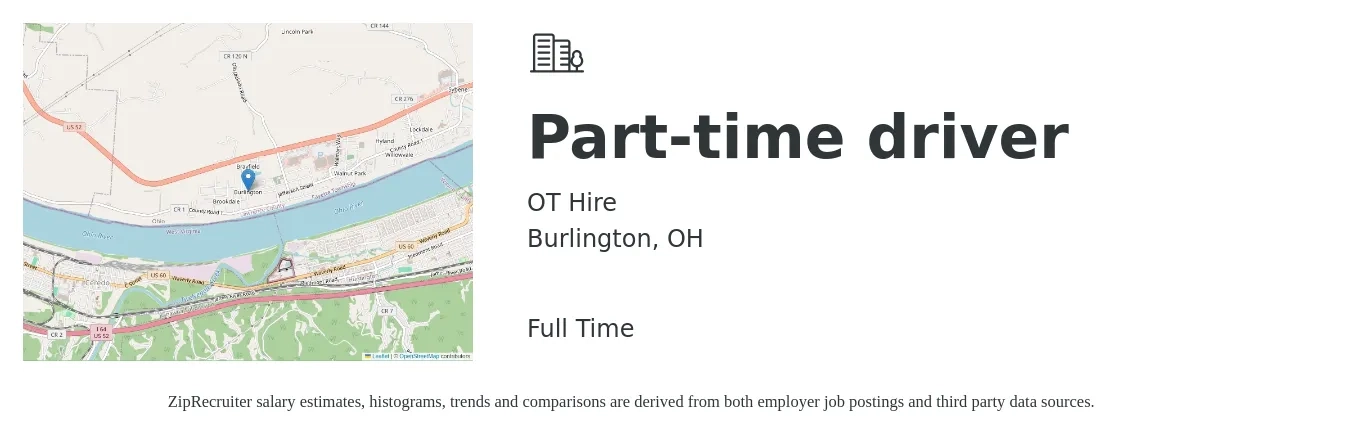 OT Hire job posting for a Part-time driver in Burlington, OH with a salary of $15 to $21 Hourly with a map of Burlington location.