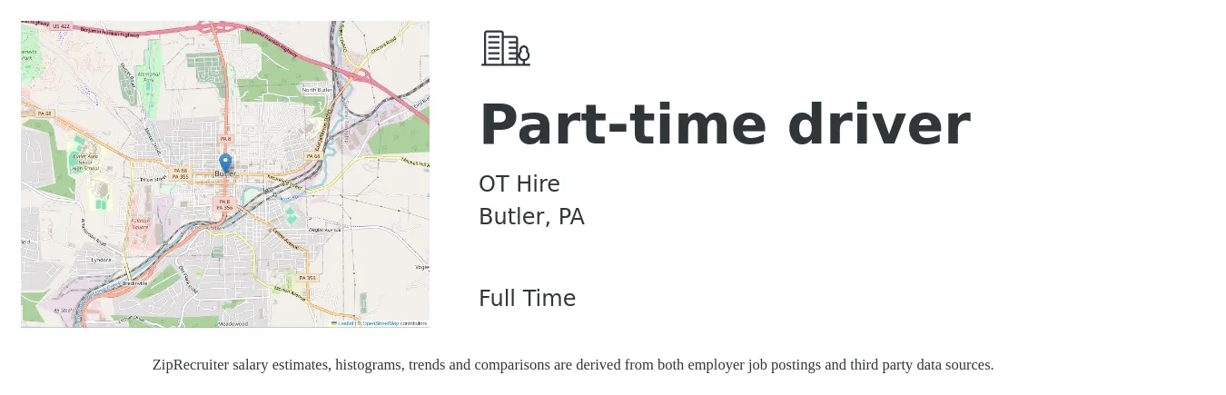 OT Hire job posting for a Part-time driver in Butler, PA with a salary of $14 to $19 Hourly with a map of Butler location.