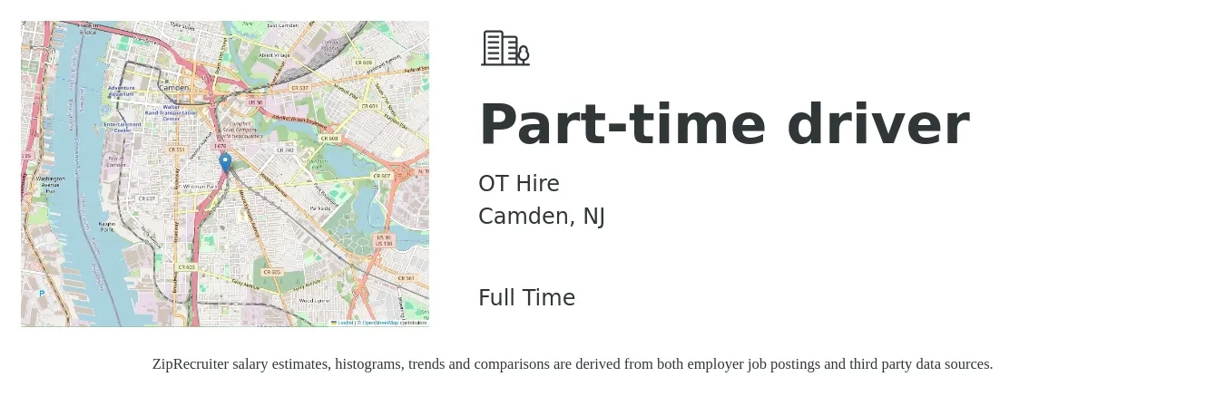 OT Hire job posting for a Part-time driver in Camden, NJ with a salary of $15 to $21 Hourly with a map of Camden location.