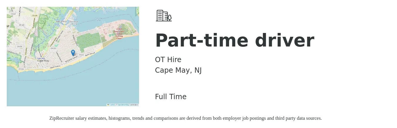 OT Hire job posting for a Part-time driver in Cape May, NJ with a salary of $15 to $21 Hourly with a map of Cape May location.