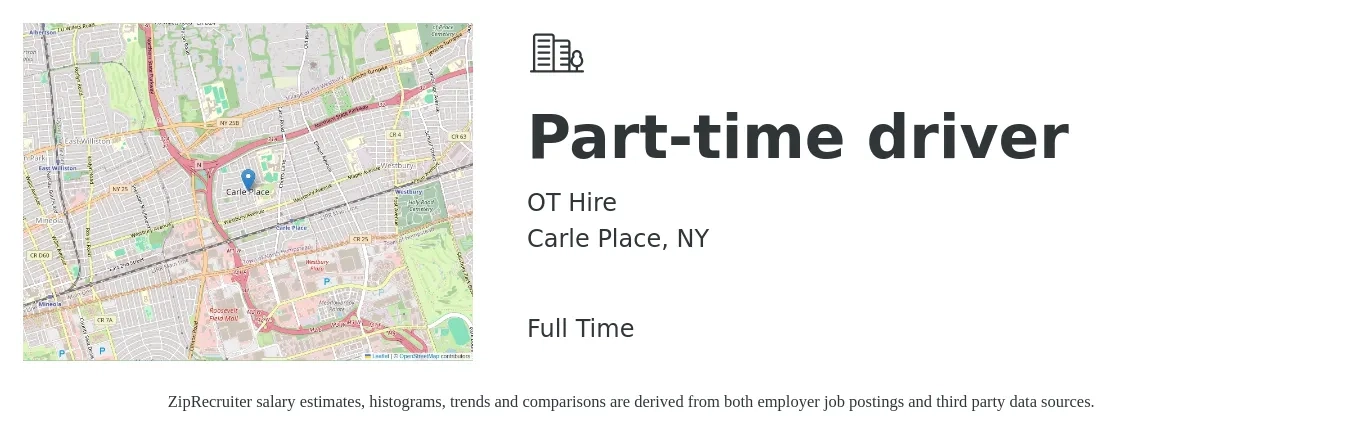 OT Hire job posting for a Part-time driver in Carle Place, NY with a salary of $16 to $22 Hourly with a map of Carle Place location.