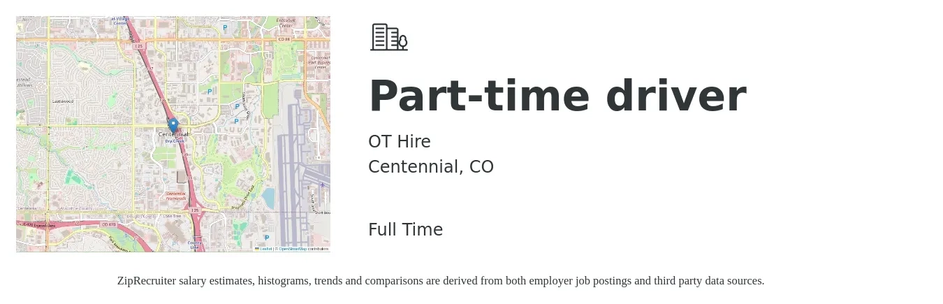 OT Hire job posting for a Part-time driver in Centennial, CO with a salary of $16 to $22 Hourly with a map of Centennial location.
