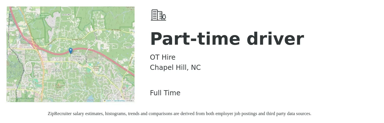 OT Hire job posting for a Part-time driver in Chapel Hill, NC with a salary of $13 to $18 Hourly with a map of Chapel Hill location.
