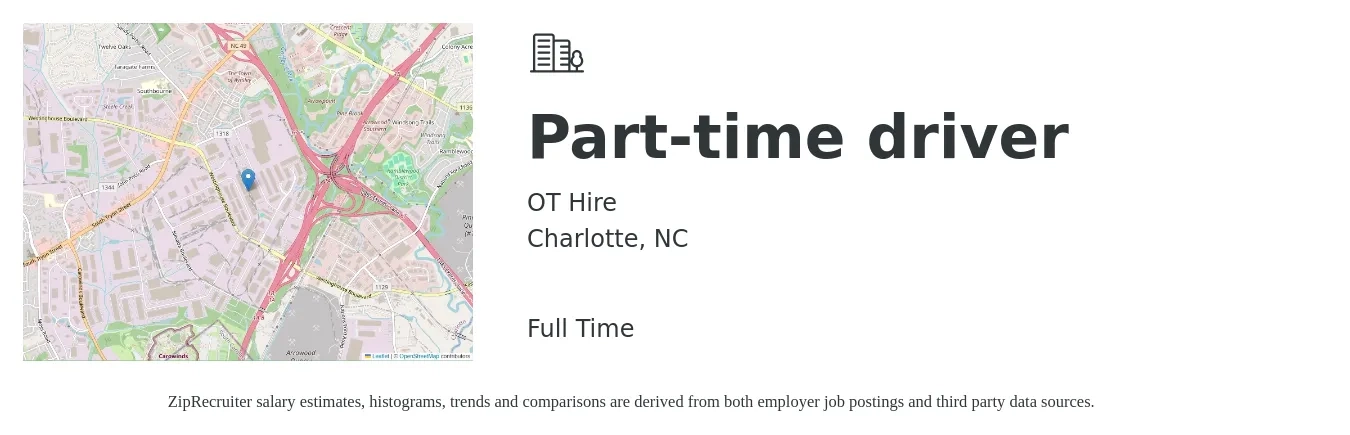 OT Hire job posting for a Part-time driver in Charlotte, NC with a salary of $15 to $20 Hourly with a map of Charlotte location.