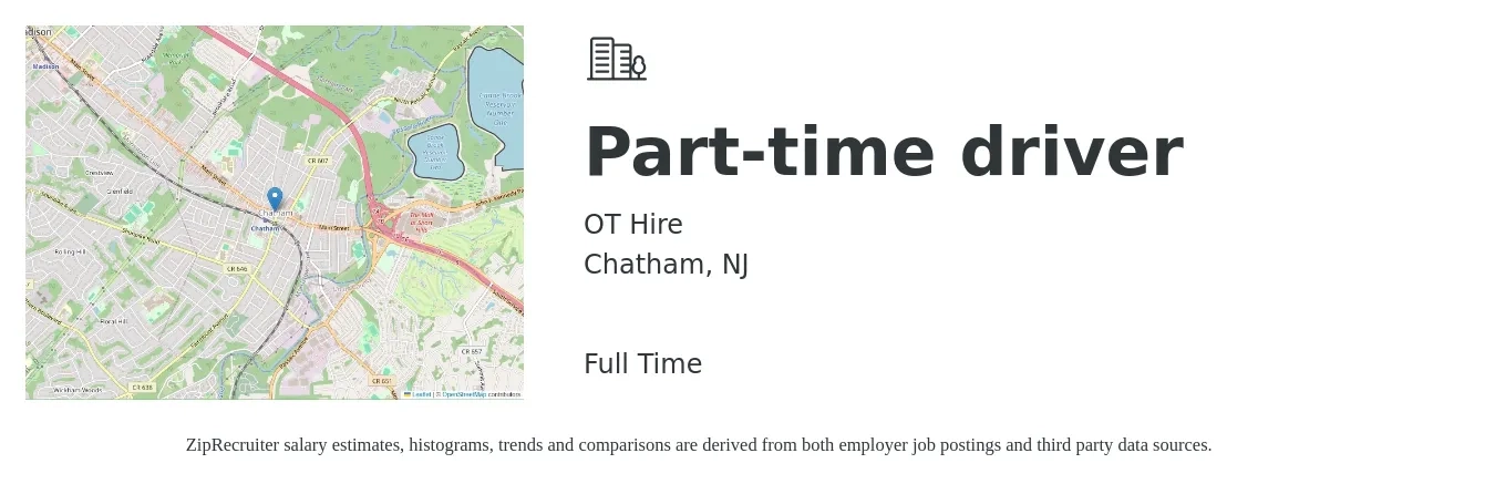 OT Hire job posting for a Part-time driver in Chatham, NJ with a salary of $16 to $23 Hourly with a map of Chatham location.