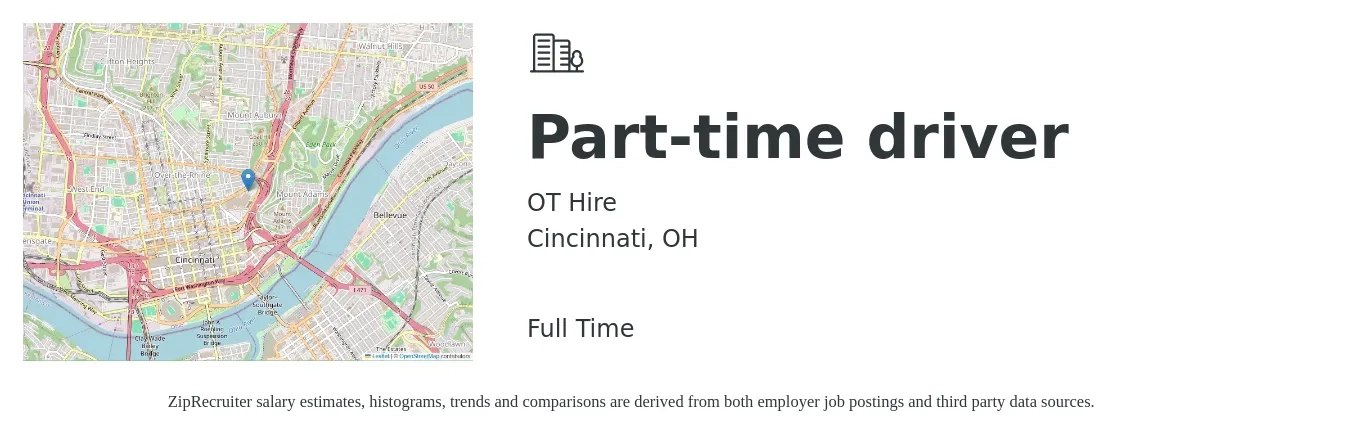OT Hire job posting for a Part-time driver in Cincinnati, OH with a salary of $14 to $20 Hourly with a map of Cincinnati location.