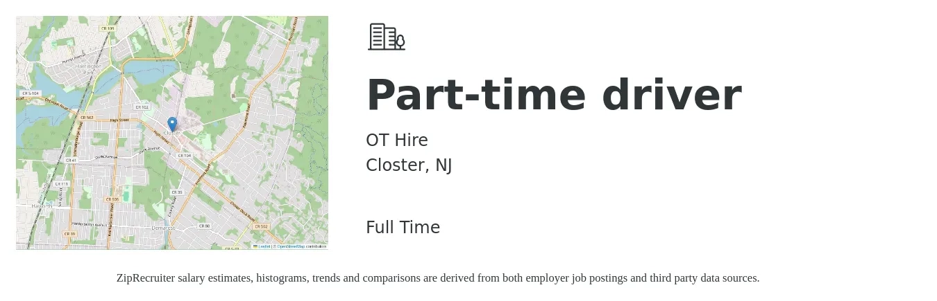 OT Hire job posting for a Part-time driver in Closter, NJ with a salary of $16 to $22 Hourly with a map of Closter location.