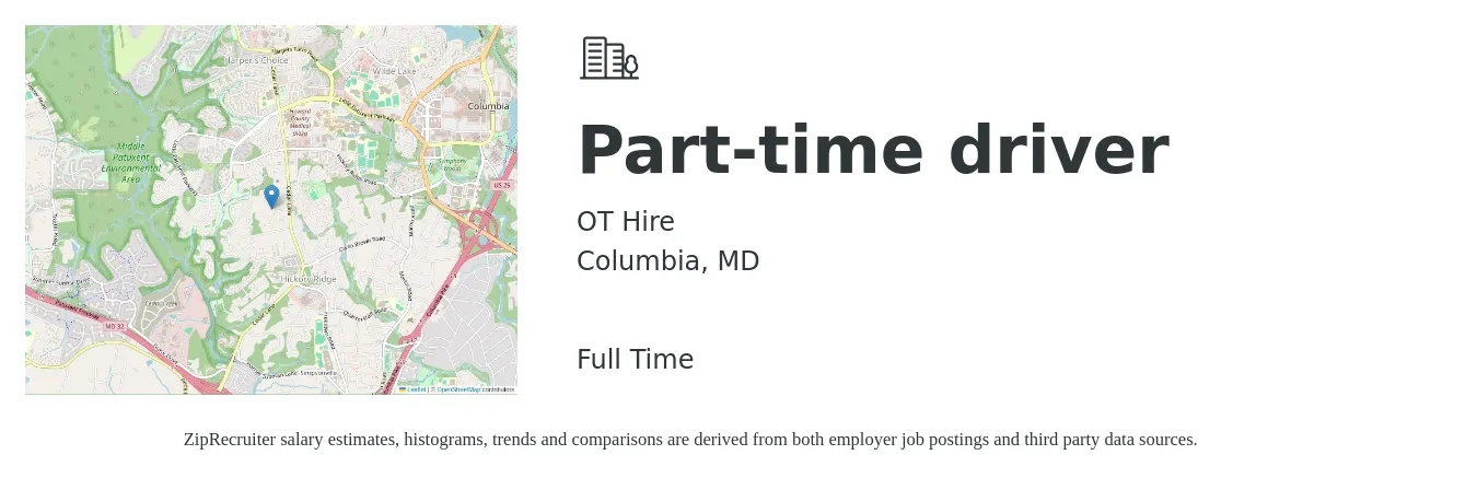 OT Hire job posting for a Part-time driver in Columbia, MD with a salary of $15 to $21 Hourly with a map of Columbia location.