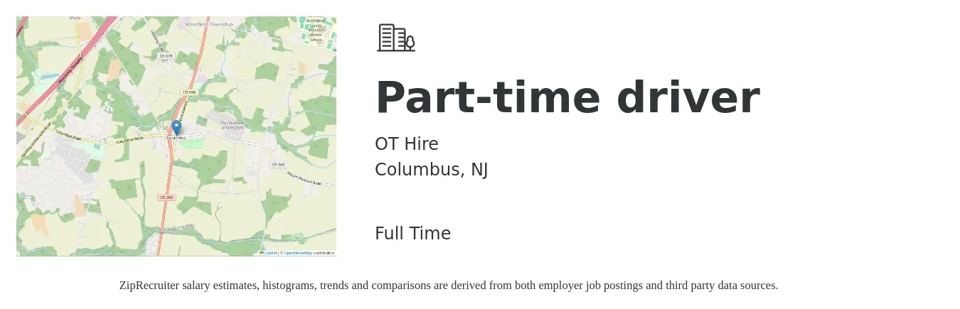 OT Hire job posting for a Part-time driver in Columbus, NJ with a salary of $15 to $20 Hourly with a map of Columbus location.