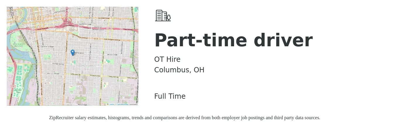 OT Hire job posting for a Part-time driver in Columbus, OH with a salary of $14 to $20 Hourly with a map of Columbus location.
