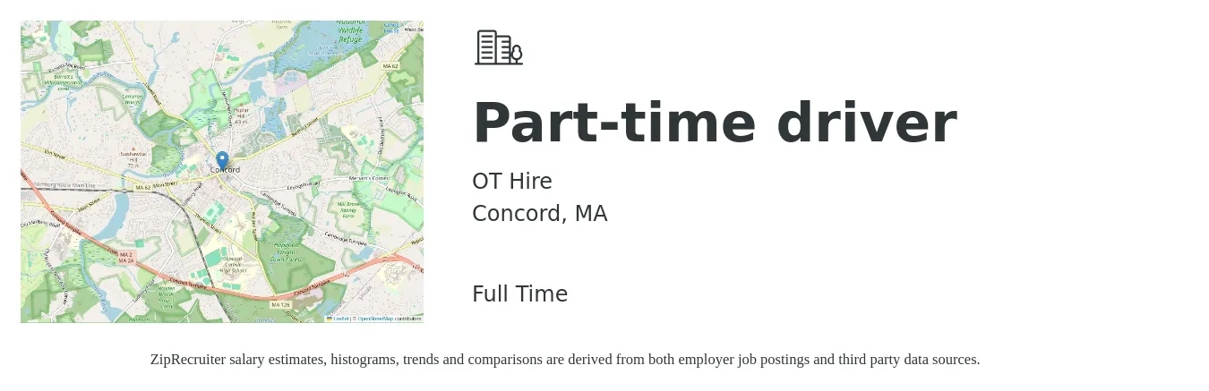 OT Hire job posting for a Part-time driver in Concord, MA with a salary of $16 to $23 Hourly with a map of Concord location.