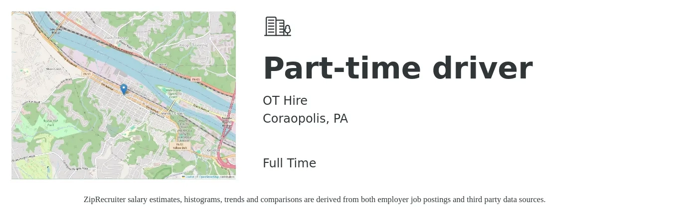 OT Hire job posting for a Part-time driver in Coraopolis, PA with a salary of $14 to $20 Hourly with a map of Coraopolis location.