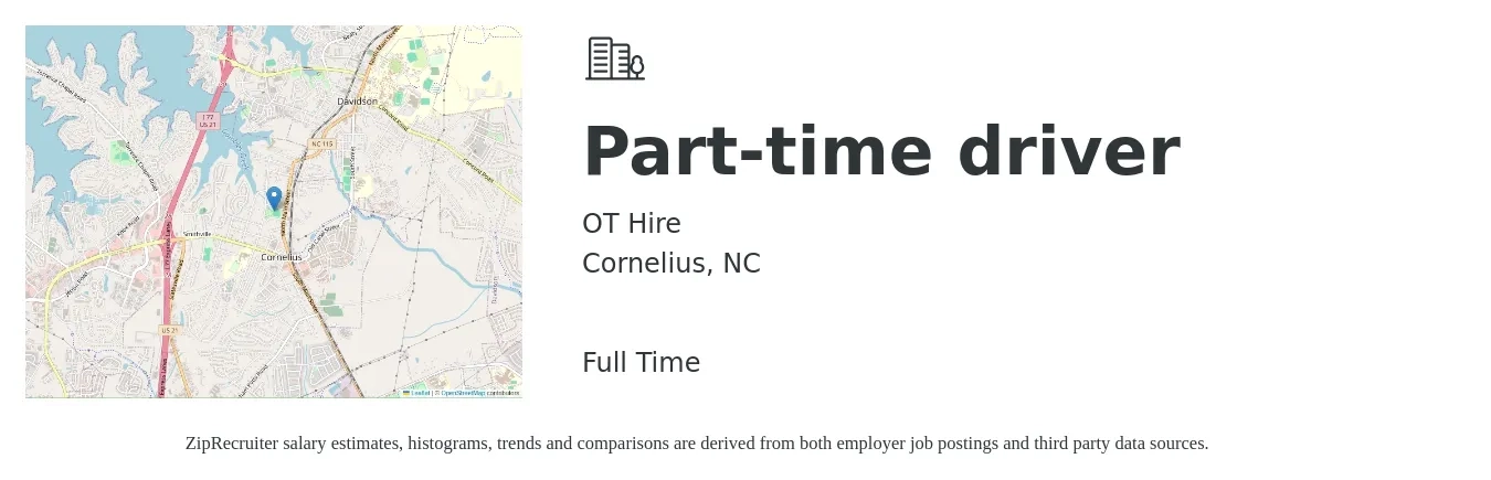 OT Hire job posting for a Part-time driver in Cornelius, NC with a salary of $14 to $20 Hourly with a map of Cornelius location.