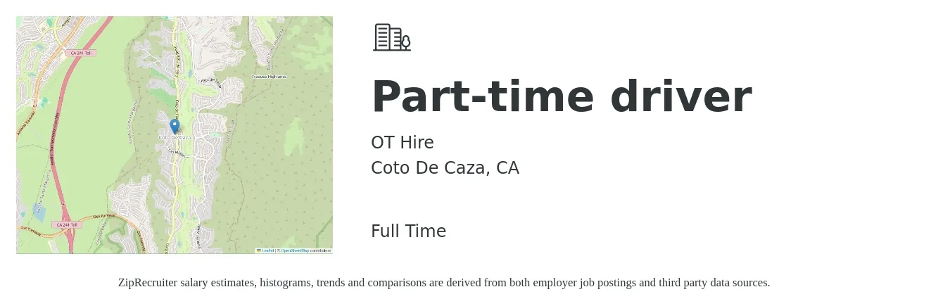 OT Hire job posting for a Part-time driver in Coto De Caza, CA with a salary of $16 to $22 Hourly with a map of Coto De Caza location.