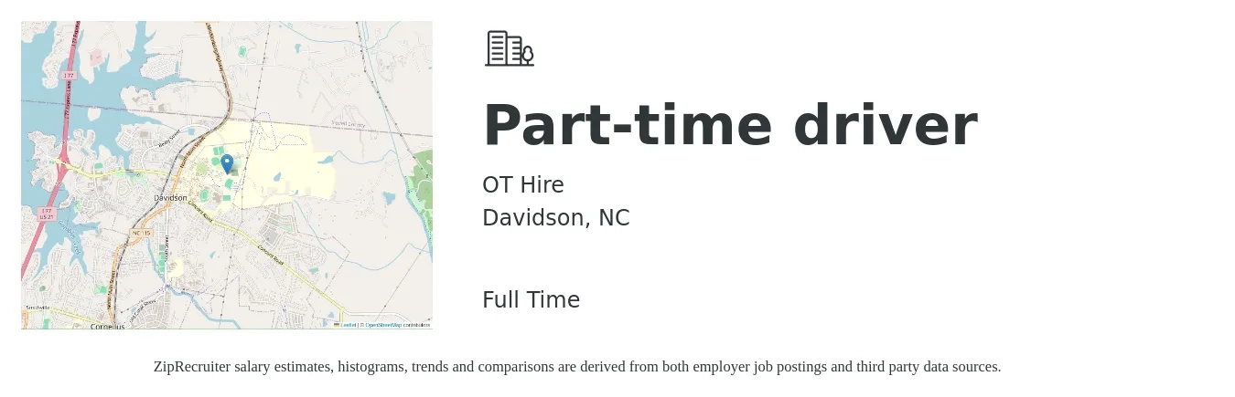 OT Hire job posting for a Part-time driver in Davidson, NC with a salary of $14 to $20 Hourly with a map of Davidson location.