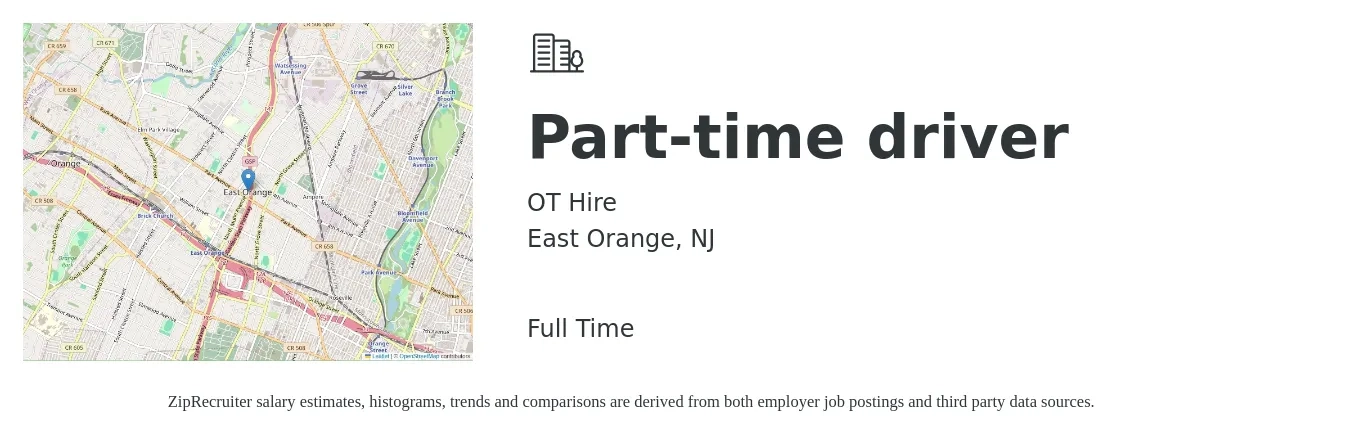 OT Hire job posting for a Part-time driver in East Orange, NJ with a salary of $16 to $22 Hourly with a map of East Orange location.