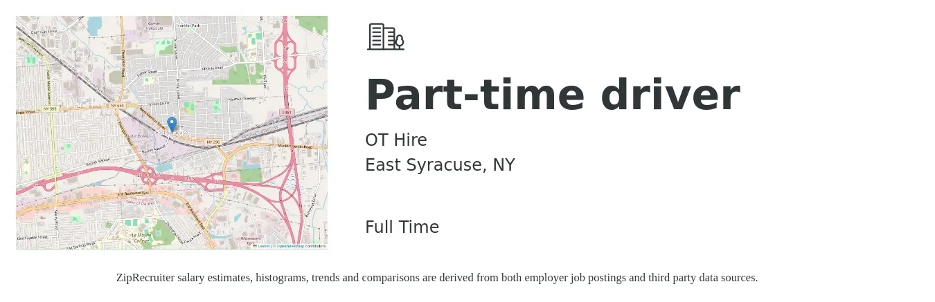 OT Hire job posting for a Part-time driver in East Syracuse, NY with a salary of $14 to $20 Hourly with a map of East Syracuse location.