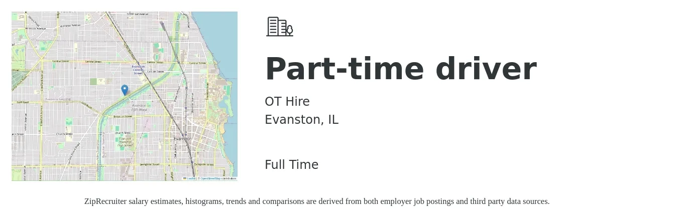 OT Hire job posting for a Part-time driver in Evanston, IL with a salary of $14 to $20 Hourly with a map of Evanston location.