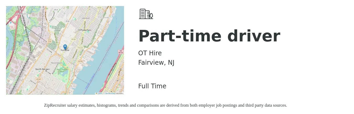 OT Hire job posting for a Part-time driver in Fairview, NJ with a salary of $17 to $24 Hourly with a map of Fairview location.