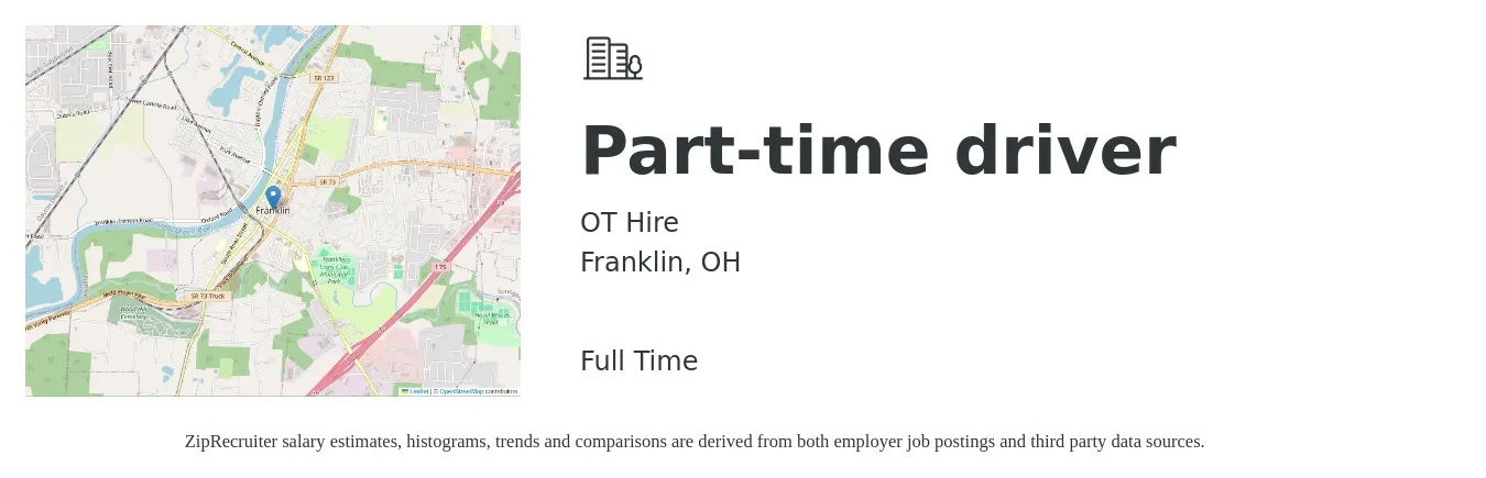 OT Hire job posting for a Part-time driver in Franklin, OH with a salary of $14 to $19 Hourly with a map of Franklin location.