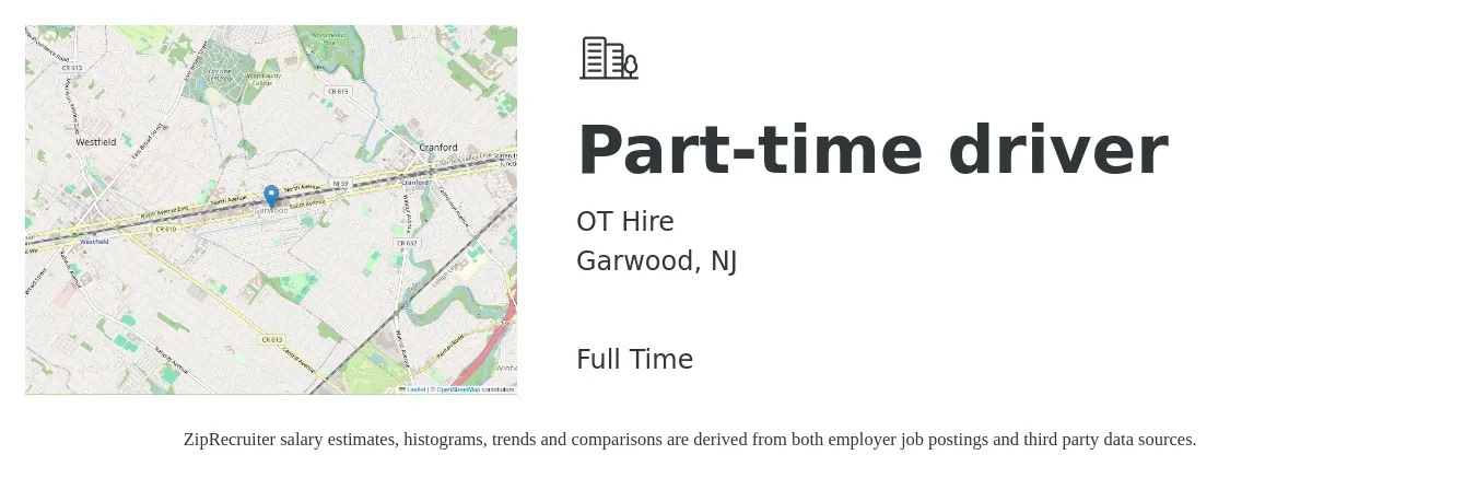 OT Hire job posting for a Part-time driver in Garwood, NJ with a salary of $15 to $21 Hourly with a map of Garwood location.