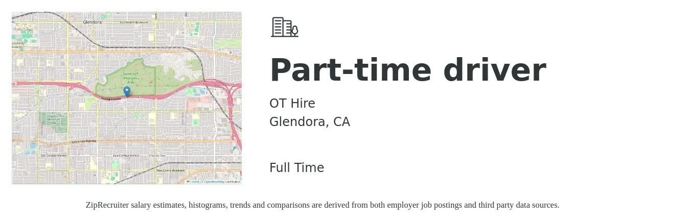 OT Hire job posting for a Part-time driver in Glendora, CA with a salary of $15 to $22 Hourly with a map of Glendora location.