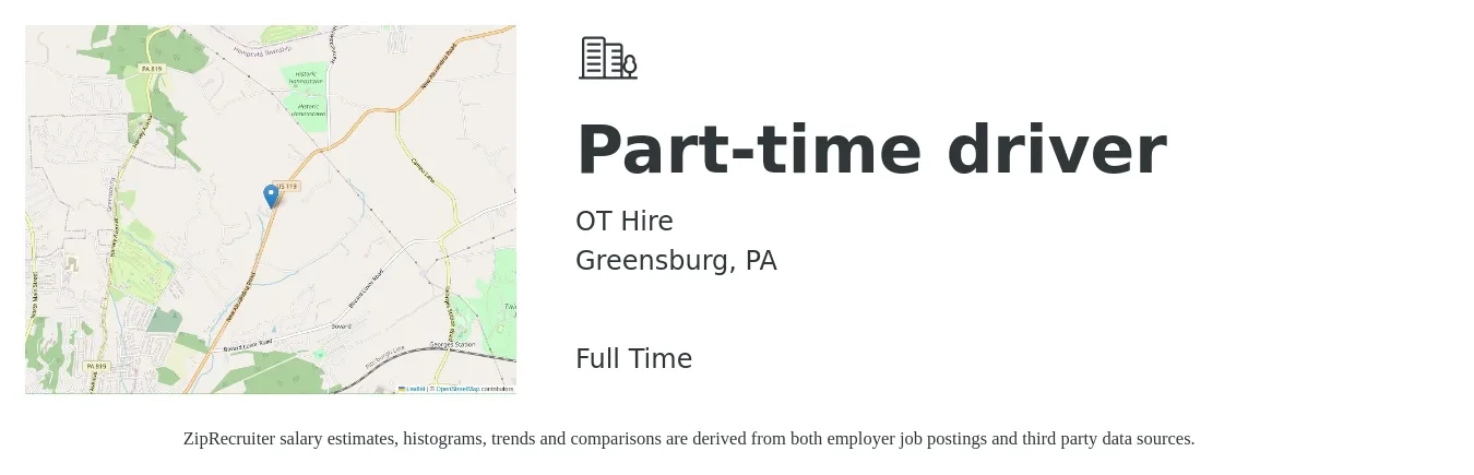 OT Hire job posting for a Part-time driver in Greensburg, PA with a salary of $14 to $19 Hourly with a map of Greensburg location.