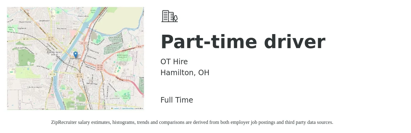 OT Hire job posting for a Part-time driver in Hamilton, OH with a salary of $14 to $20 Hourly with a map of Hamilton location.