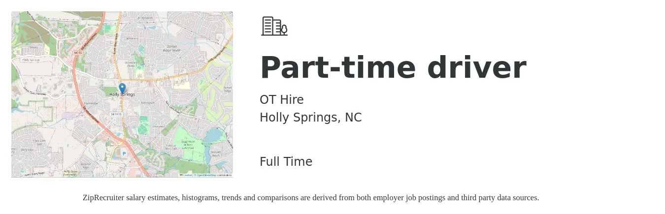 OT Hire job posting for a Part-time driver in Holly Springs, NC with a salary of $13 to $18 Hourly with a map of Holly Springs location.