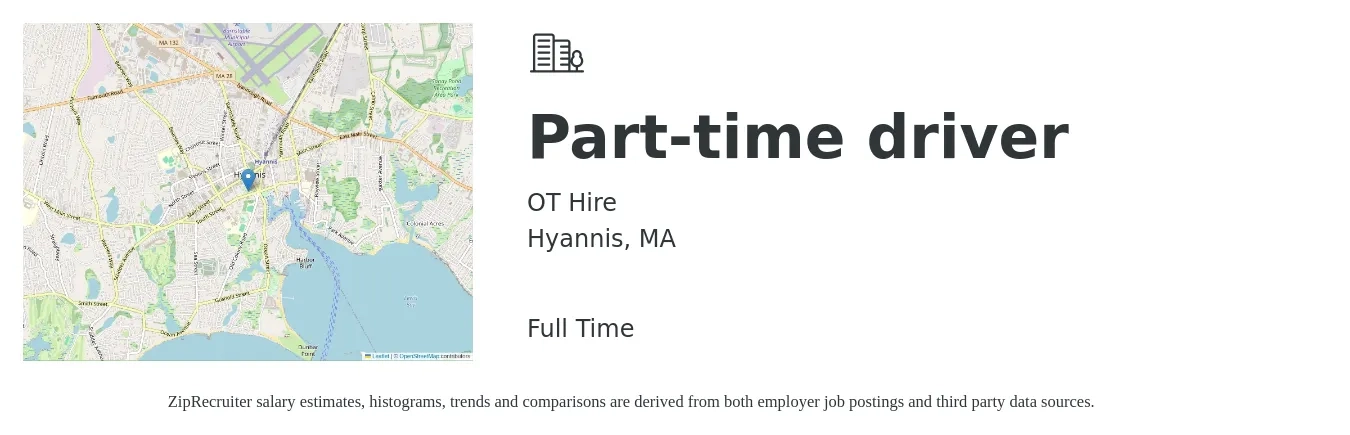 OT Hire job posting for a Part-time driver in Hyannis, MA with a salary of $16 to $22 Hourly with a map of Hyannis location.