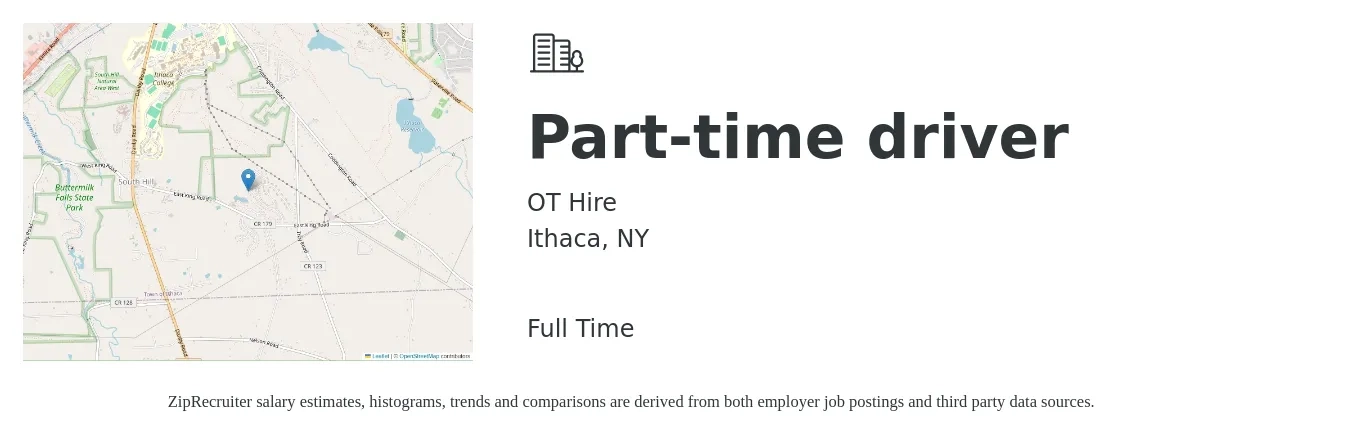 OT Hire job posting for a Part-time driver in Ithaca, NY with a salary of $14 to $20 Hourly with a map of Ithaca location.
