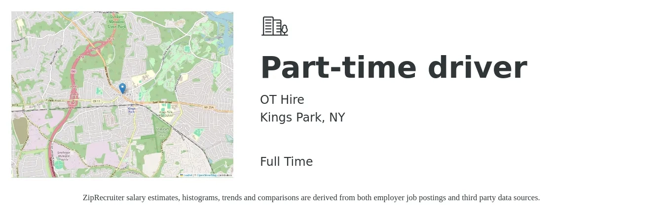 OT Hire job posting for a Part-time driver in Kings Park, NY with a salary of $16 to $22 Hourly with a map of Kings Park location.