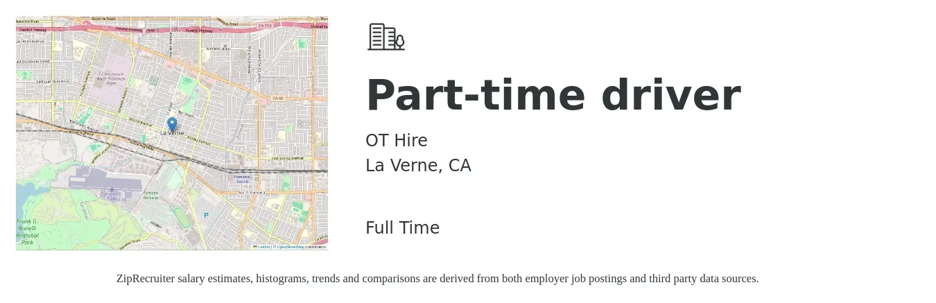 OT Hire job posting for a Part-time driver in La Verne, CA with a salary of $15 to $21 Hourly with a map of La Verne location.