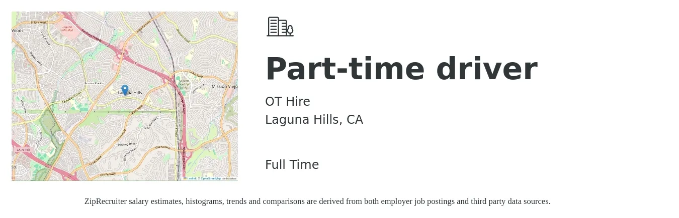 OT Hire job posting for a Part-time driver in Laguna Hills, CA with a salary of $16 to $22 Hourly with a map of Laguna Hills location.