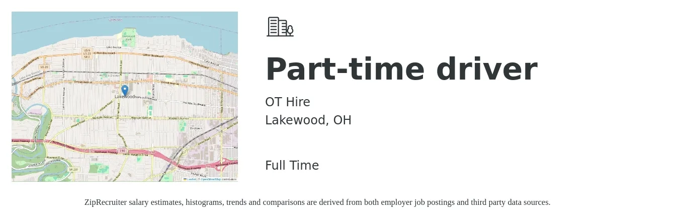 OT Hire job posting for a Part-time driver in Lakewood, OH with a salary of $14 to $19 Hourly with a map of Lakewood location.