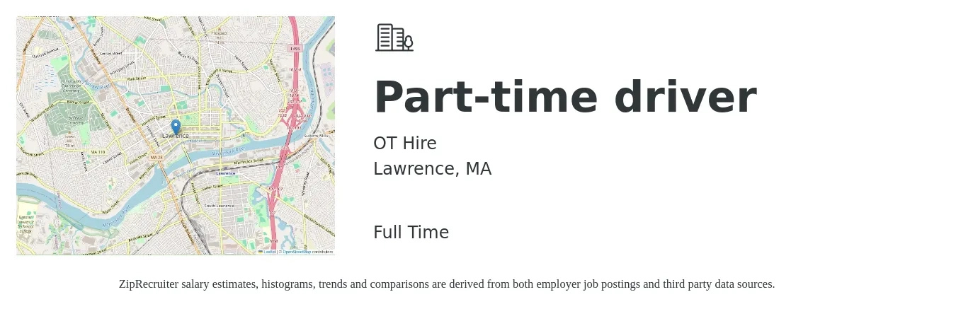 OT Hire job posting for a Part-time driver in Lawrence, MA with a salary of $16 to $22 Hourly with a map of Lawrence location.