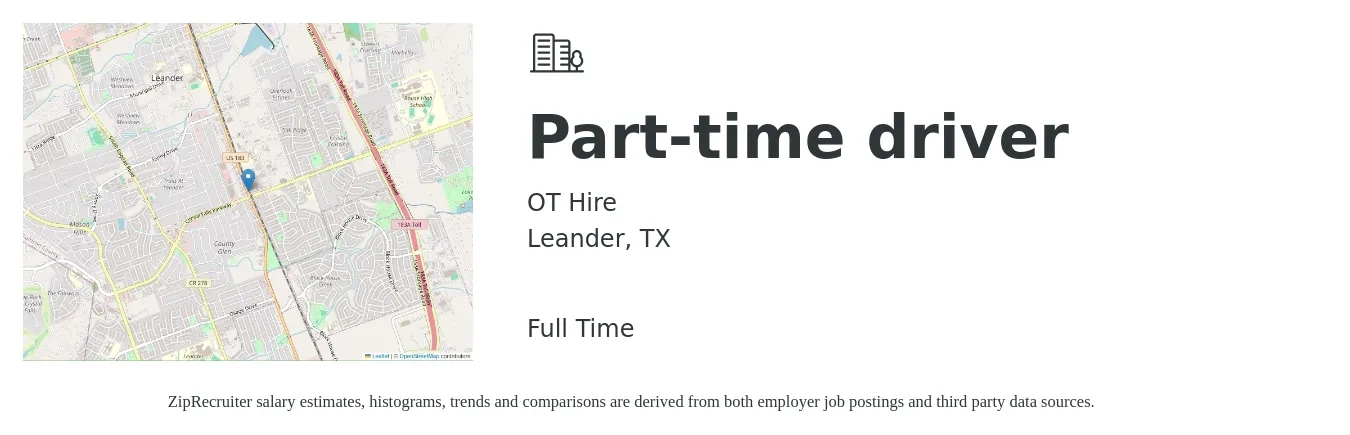 OT Hire job posting for a Part-time driver in Leander, TX with a salary of $14 to $20 Hourly with a map of Leander location.