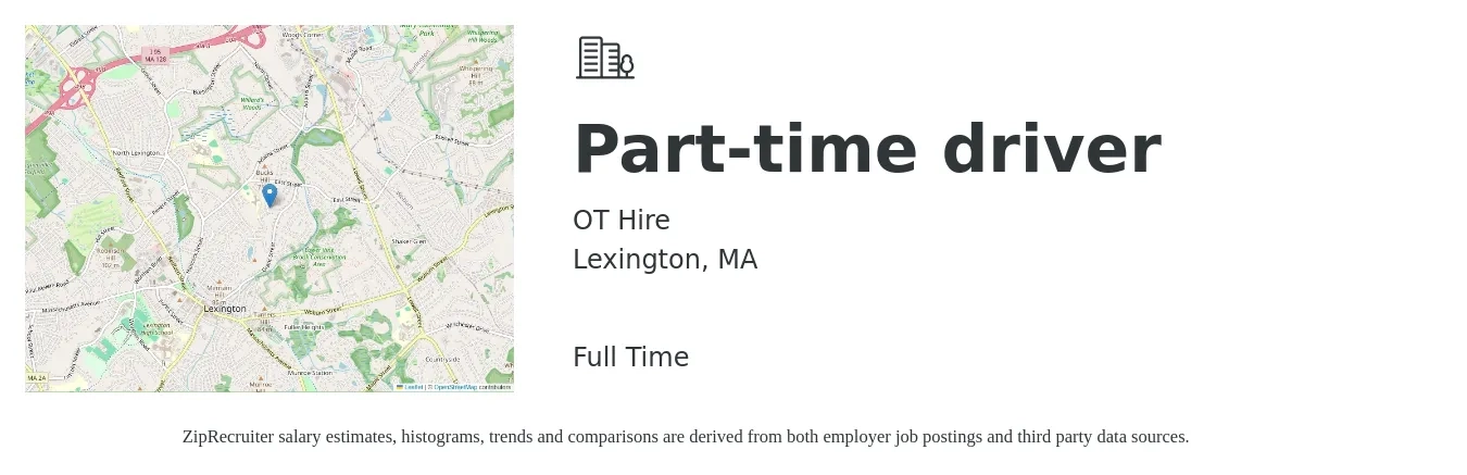 OT Hire job posting for a Part-time driver in Lexington, MA with a salary of $17 to $24 Hourly with a map of Lexington location.
