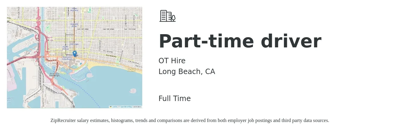 OT Hire job posting for a Part-time driver in Long Beach, CA with a salary of $16 to $22 Hourly with a map of Long Beach location.