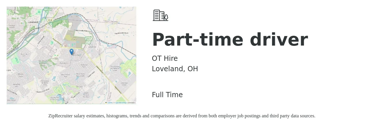 OT Hire job posting for a Part-time driver in Loveland, OH with a salary of $14 to $20 Hourly with a map of Loveland location.