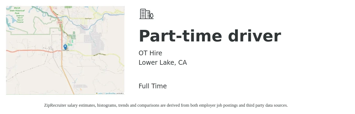 OT Hire job posting for a Part-time driver in Lower Lake, CA with a salary of $16 to $23 Hourly with a map of Lower Lake location.