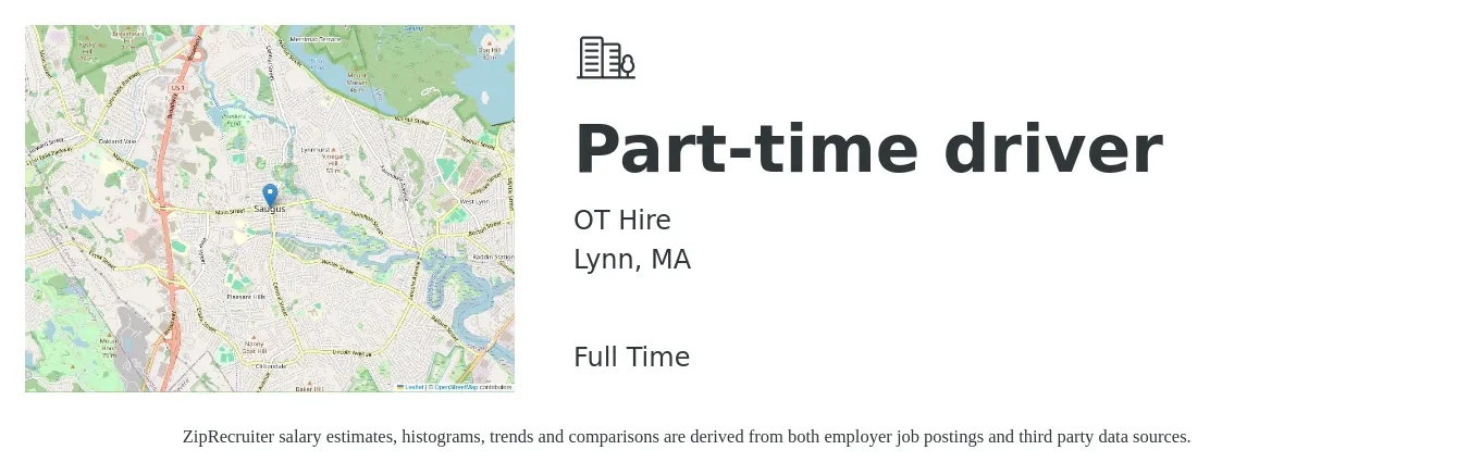 OT Hire job posting for a Part-time driver in Lynn, MA with a salary of $16 to $22 Hourly with a map of Lynn location.