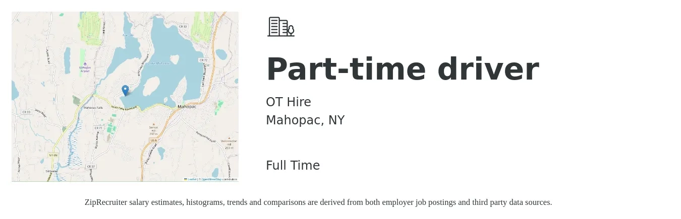 OT Hire job posting for a Part-time driver in Mahopac, NY with a salary of $16 to $22 Hourly with a map of Mahopac location.