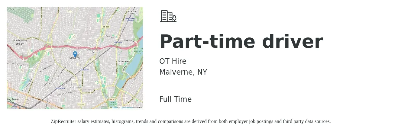 OT Hire job posting for a Part-time driver in Malverne, NY with a salary of $16 to $22 Hourly with a map of Malverne location.