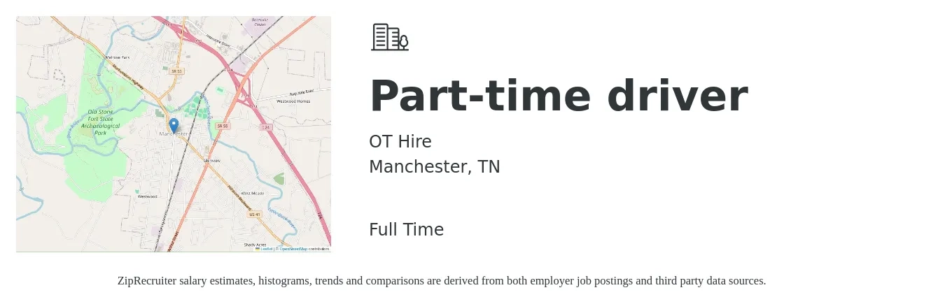 OT Hire job posting for a Part-time driver in Manchester, TN with a salary of $13 to $18 Hourly with a map of Manchester location.
